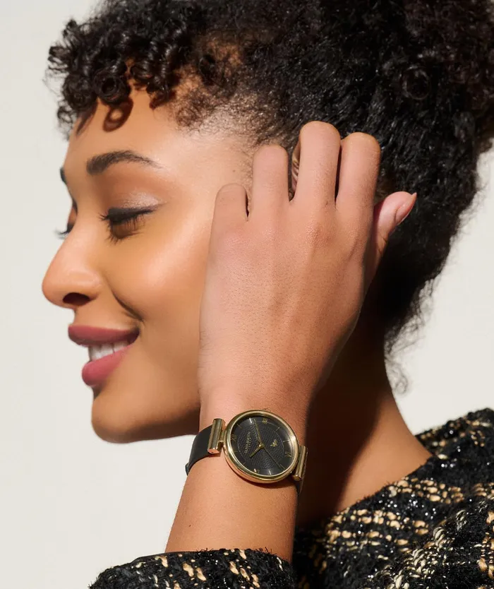 Olivia Burton Bee Watches Women 36mm Minima Bee TBar Gold and Black Leather Strap Watch
