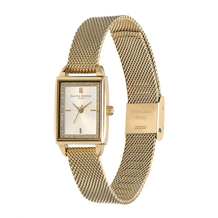 Olivia Burton Classic Watches Women 21mm Rectangle White and Gold Mesh Watch