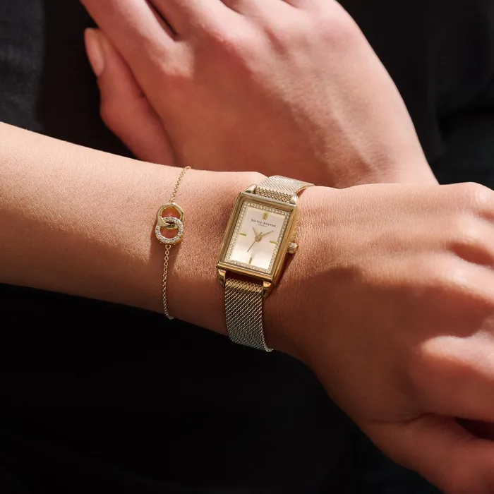 Olivia Burton Classic Watches Women 21mm Rectangle White and Gold Mesh Watch