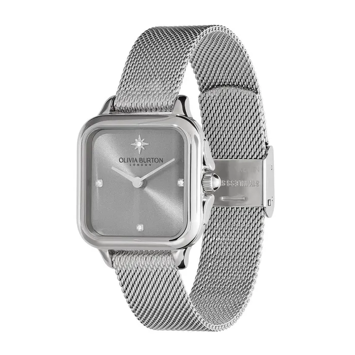Olivia Burton Color Dial Watches Women 28mm Grosvenor Light Grey and Silver Mesh Watch