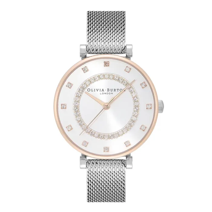 Olivia Burton White Dial Watches Women 32mm Tbar White and Two Tone Mesh Watch