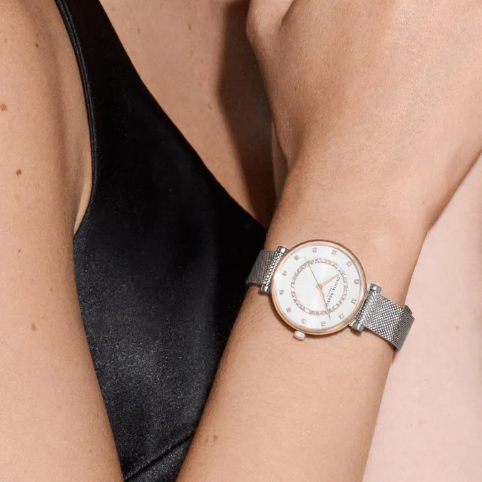 Olivia Burton White Dial Watches Women 32mm Tbar White and Two Tone Mesh Watch