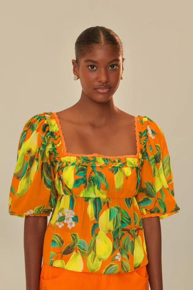 Orange Chic Pears Short Sleeve Blouse Women FARM Rio Blouses