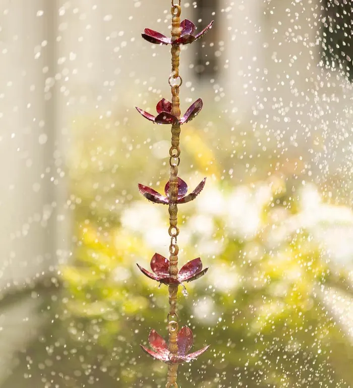 Outdoor Living Handcrafted Steel And Aluminum Flower Rain Chain In Brass And Metallic Red Colors Plow and Hearth Deck and Patio Accents Outdoor Living Handcrafted Steel And Aluminum Flower Rain Chain In Brass And Metallic Red Colors Plow and Hearth Deck and Patio Accents