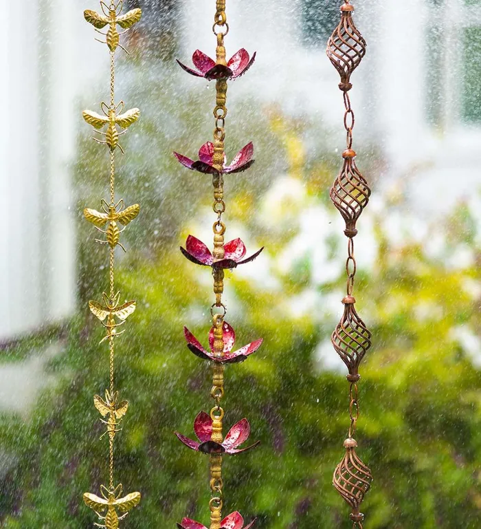 Outdoor Living Handcrafted Steel And Aluminum Flower Rain Chain In Brass And Metallic Red Colors Plow and Hearth Deck and Patio Accents Outdoor Living Handcrafted Steel And Aluminum Flower Rain Chain In Brass And Metallic Red Colors Plow and Hearth Deck and Patio Accents