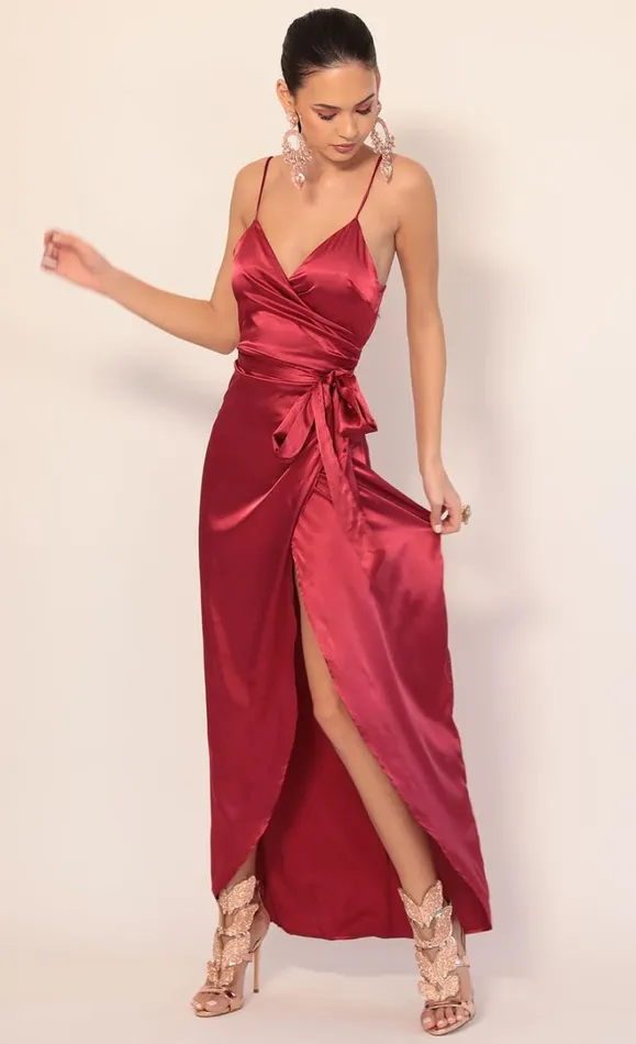 Pleated Satin Maxi Dress Merlot Women LUCY IN THE SKY Maxi Dresses