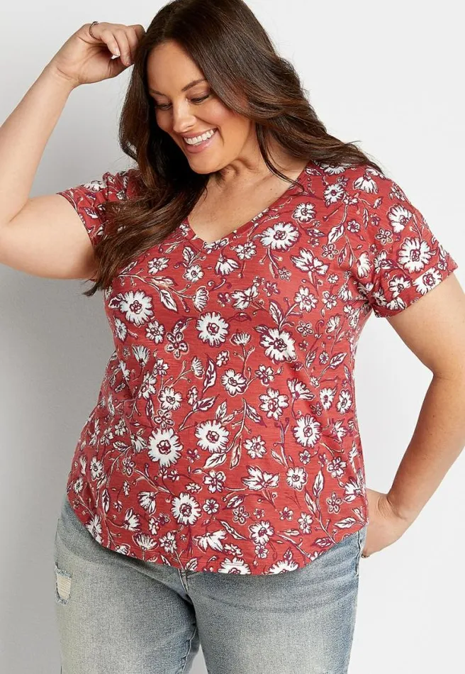 Plus Size 247 Red Floral Drop Shoulder Classic Tee Women Maurices Plus Tops