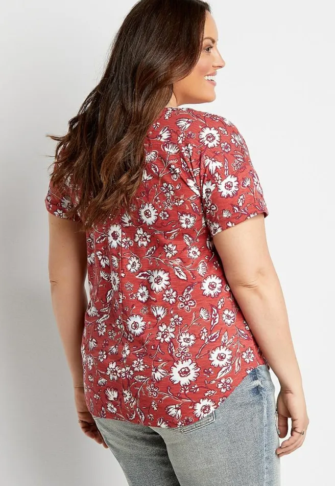 Plus Size 247 Red Floral Drop Shoulder Classic Tee Women Maurices Plus Tops