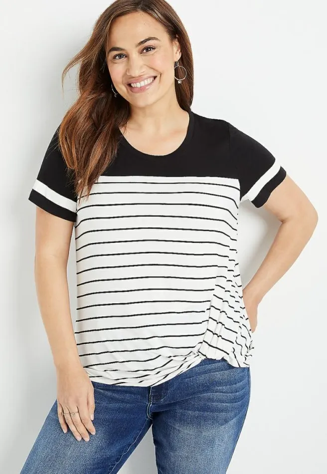Plus Size 247 Striped Knot Front Baseball Tee Women Maurices Plus Tops