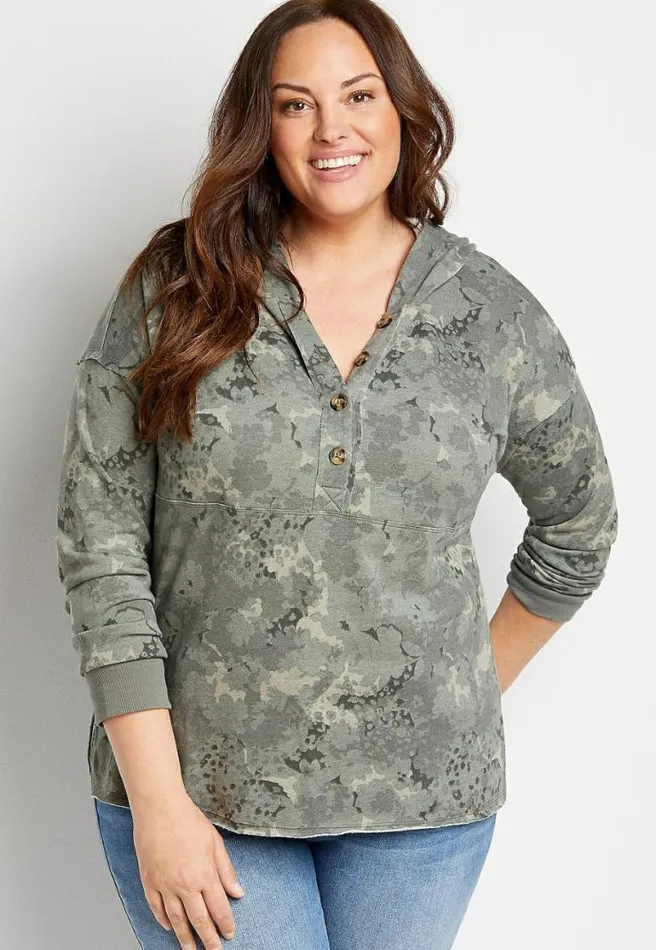 Plus Size Camo Button Front Pullover Hoodie Women Maurices Plus Tops