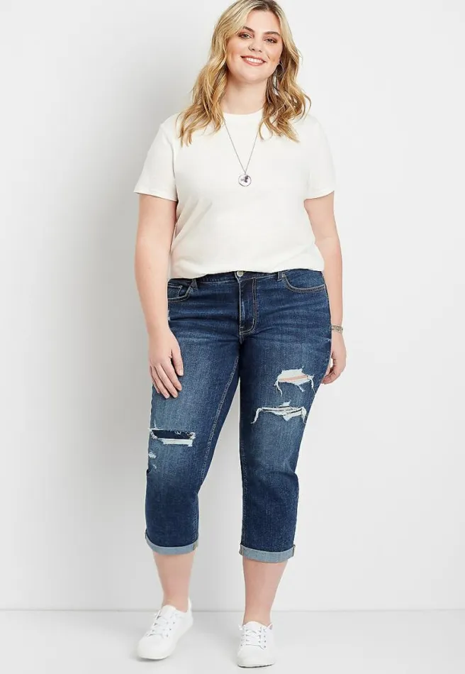 Plus Size Dark Ripped Boyfriend Cropped Jean Women Maurices Plus Bottoms