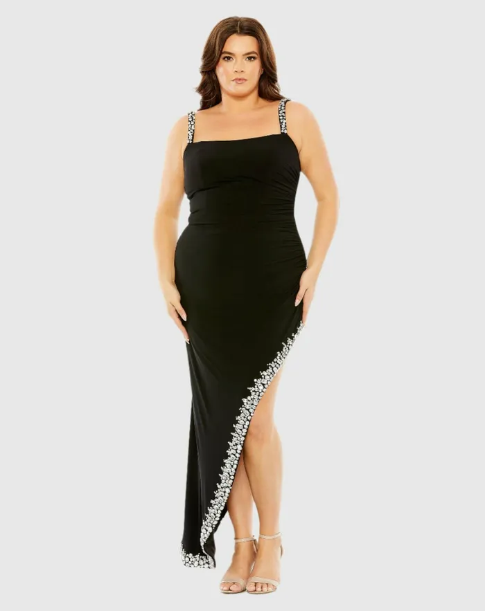 Plus Size Dresses Asymmetrical Embellished Hem Line Gown Black Mac Duggal Women