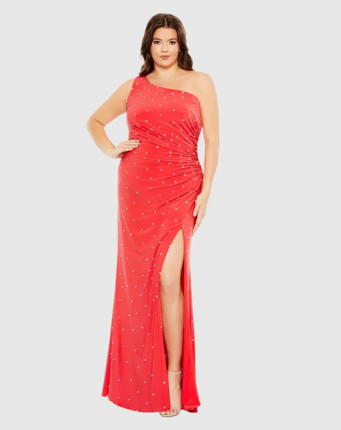 Plus Size Dresses Jewel Encrusted Draped One Shoulder Gown Plus Cherry 8211 Mac Duggal Women