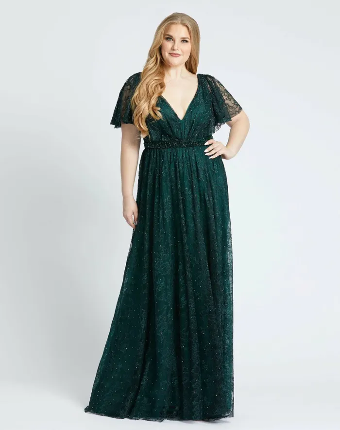Plus Size Dresses Lace Flutter Sleeve A Line Gown Midnight Mac Duggal Women