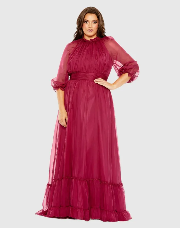 Plus Size Dresses Mac Duggal Women High Neck Puff Sleeve Tiered A Line Dress Crimson