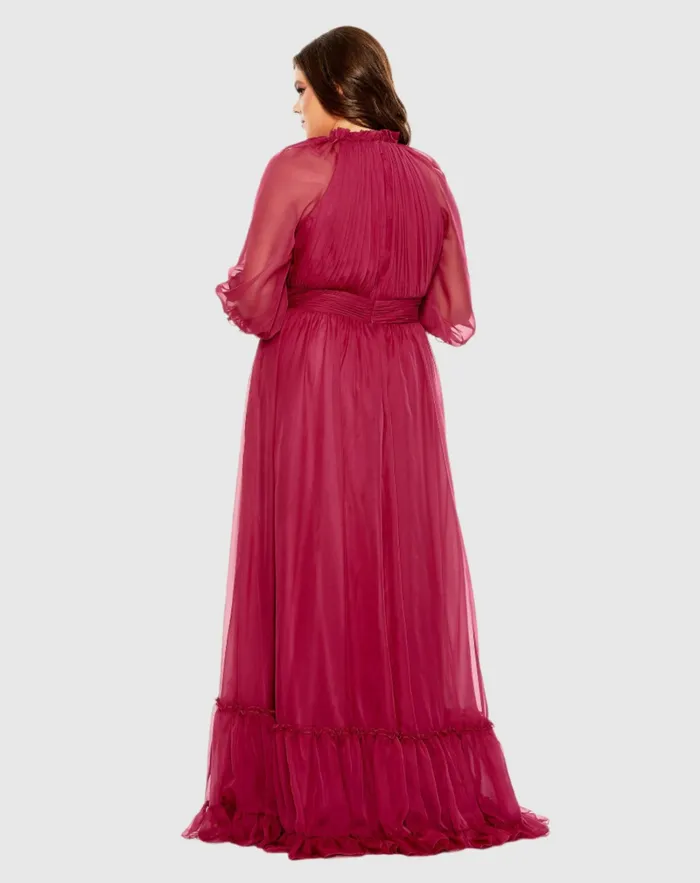 Plus Size Dresses Mac Duggal Women High Neck Puff Sleeve Tiered A Line Dress Crimson