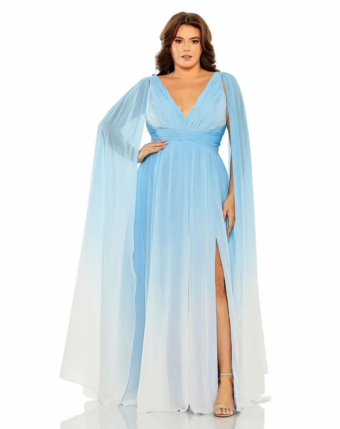 Plus Size Dresses VNeck Cape Sleeve Ombre Dress Blue Ombre 8211 Mac Duggal Women