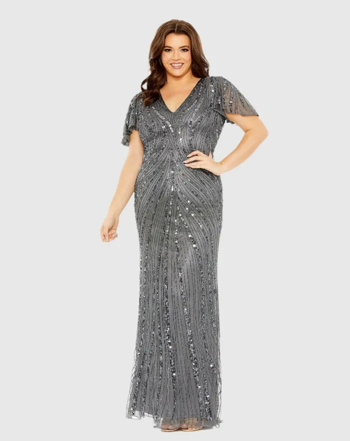 Plus Size Dresses Women Mac Duggal Flutter Sleeve Embellished Dress Pewter