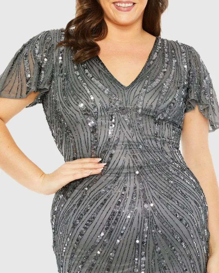 Plus Size Dresses Women Mac Duggal Flutter Sleeve Embellished Dress Pewter Plus Size Dresses Women Mac Duggal Flutter Sleeve Embellished Dress Pewter