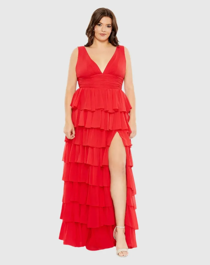 Plus Size Dresses Women Mac Duggal Red Ruffle Tiered Sleeveless V Neck Gown Plus Red