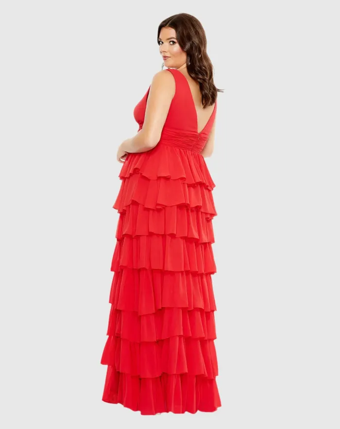Plus Size Dresses Women Mac Duggal Red Ruffle Tiered Sleeveless V Neck Gown Plus Red