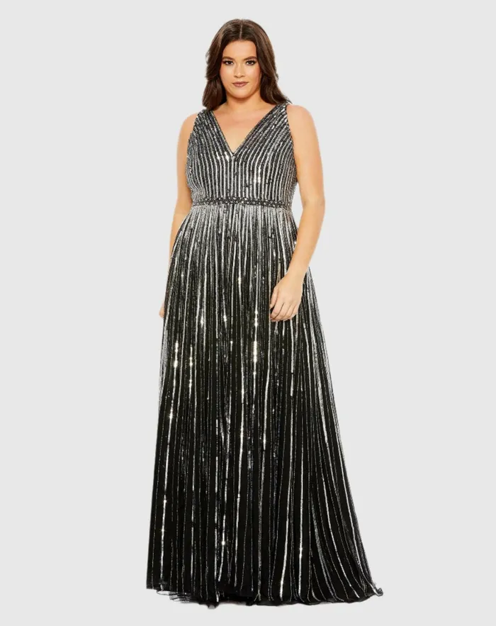 Plus Size Dresses Women Mac Duggal Sequined Striped Sleeveless V Neck A Line Gown Plus Apricot Plus Size Dresses Women Mac Duggal Sequined Striped Sleeveless V Neck A Line Gown Plus Apricot