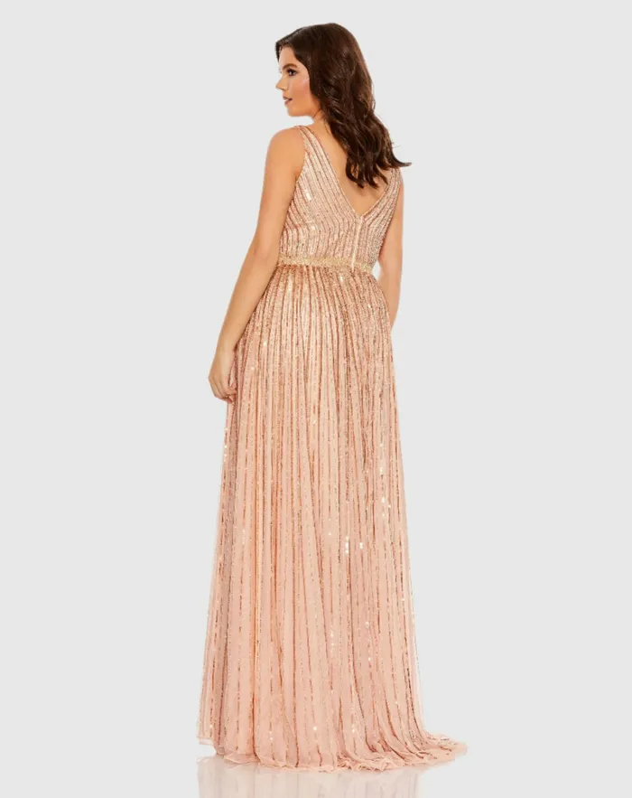 Plus Size Dresses Women Mac Duggal Sequined Striped Sleeveless V Neck A Line Gown Plus Apricot Plus Size Dresses Women Mac Duggal Sequined Striped Sleeveless V Neck A Line Gown Plus Apricot