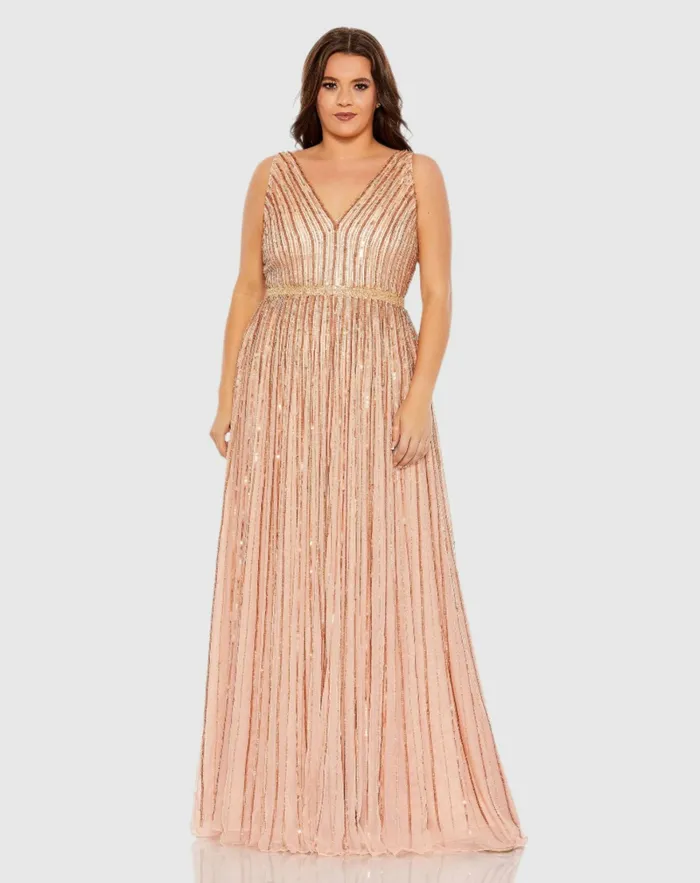 Plus Size Dresses Women Mac Duggal Sequined Striped Sleeveless V Neck A Line Gown Plus Apricot Plus Size Dresses Women Mac Duggal Sequined Striped Sleeveless V Neck A Line Gown Plus Apricot