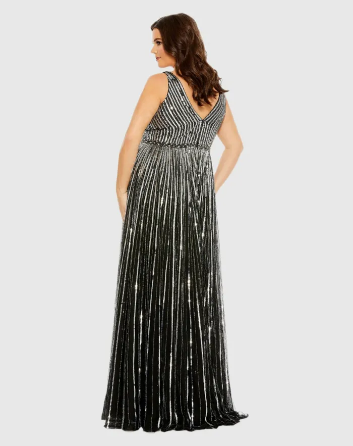 Plus Size Dresses Women Mac Duggal Sequined Striped Sleeveless V Neck A Line Gown Plus Apricot Plus Size Dresses Women Mac Duggal Sequined Striped Sleeveless V Neck A Line Gown Plus Apricot
