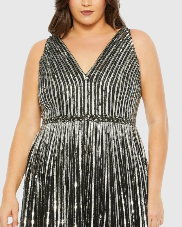 Plus Size Dresses Women Mac Duggal Sequined Striped Sleeveless V Neck A Line Gown Plus Apricot Plus Size Dresses Women Mac Duggal Sequined Striped Sleeveless V Neck A Line Gown Plus Apricot