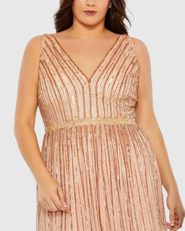 Plus Size Dresses Women Mac Duggal Sequined Striped Sleeveless V Neck A Line Gown Plus Apricot Plus Size Dresses Women Mac Duggal Sequined Striped Sleeveless V Neck A Line Gown Plus Apricot