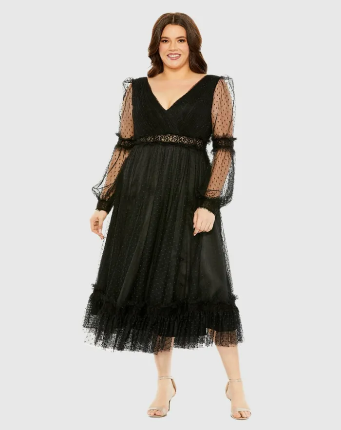 Plus Size Dresses Women Mac Duggal V Neck Long Sleeve Polka Dot Dress with Lace Belt Black Plus Size Dresses Women Mac Duggal V Neck Long Sleeve Polka Dot Dress with Lace Belt Black