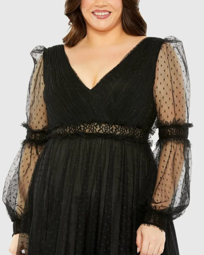Plus Size Dresses Women Mac Duggal V Neck Long Sleeve Polka Dot Dress with Lace Belt Black Plus Size Dresses Women Mac Duggal V Neck Long Sleeve Polka Dot Dress with Lace Belt Black