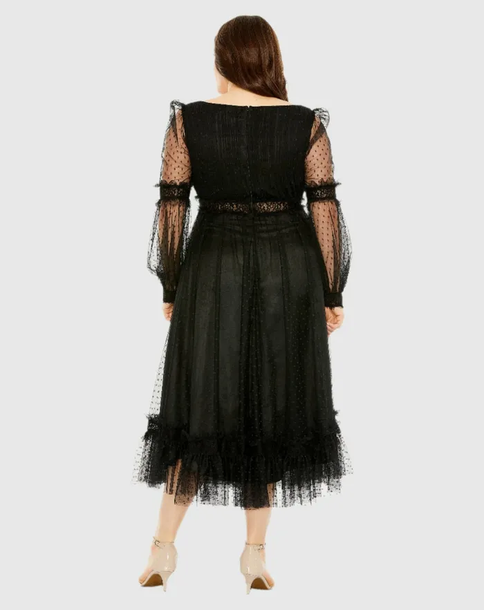 Plus Size Dresses Women Mac Duggal V Neck Long Sleeve Polka Dot Dress with Lace Belt Black Plus Size Dresses Women Mac Duggal V Neck Long Sleeve Polka Dot Dress with Lace Belt Black