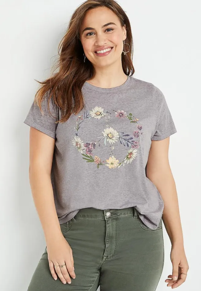 Plus Size Gray Wildflower Peace Sign Graphic Tee Women Maurices Plus Tops