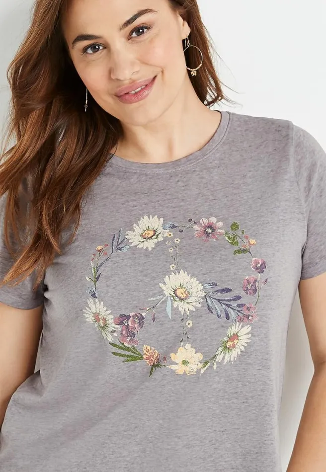 Plus Size Gray Wildflower Peace Sign Graphic Tee Women Maurices Plus Tops