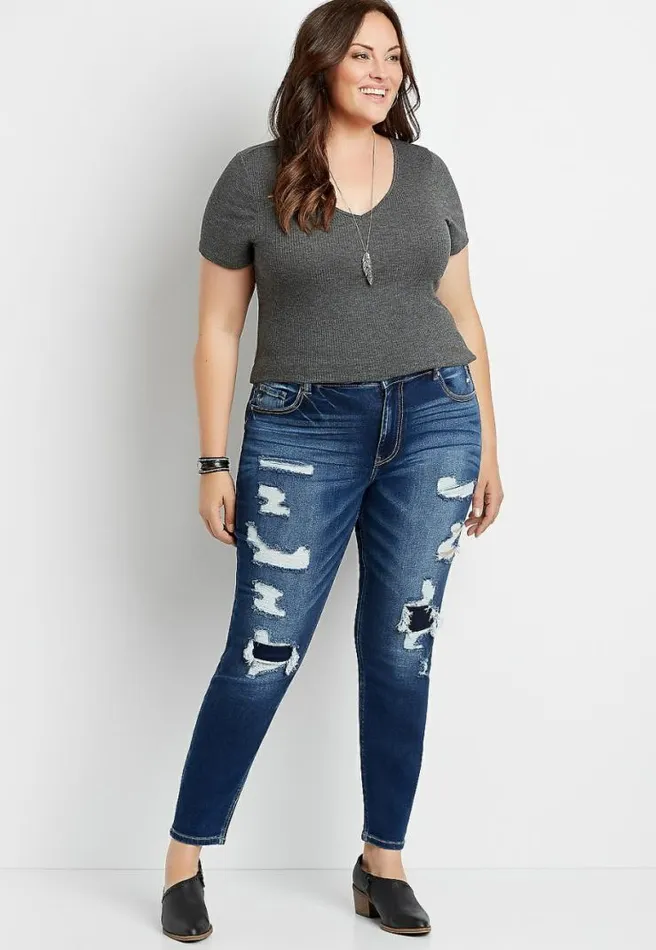 Plus Size Kancan High Rise Dark Backed Destructed Skinny Jean Women Maurices Plus Jeans