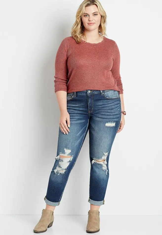 Plus Size Kancan High Rise Dark Destructed Boyfriend Jean Women Maurices Plus Jeans