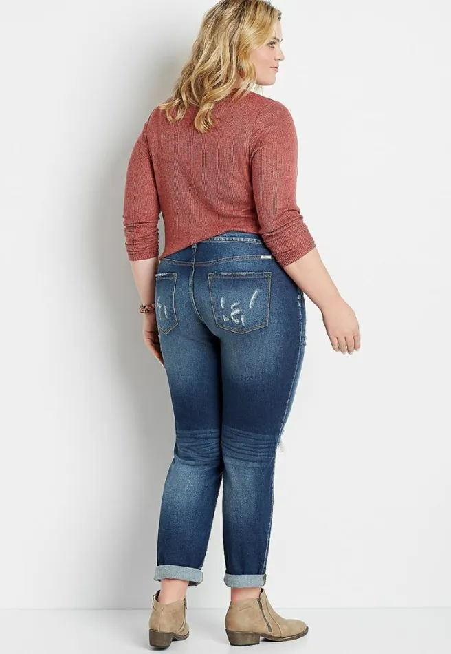 Plus Size Kancan High Rise Dark Destructed Boyfriend Jean Women Maurices Plus Jeans
