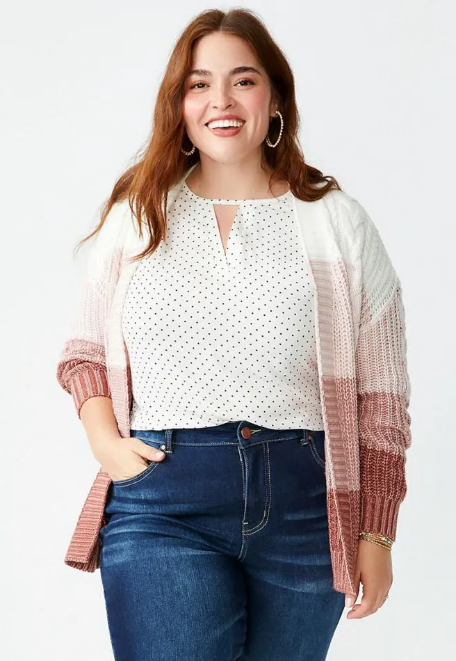 Plus Size Pink Colorblock Cable Knit Open Front Cardigan Women Maurices Plus Tops