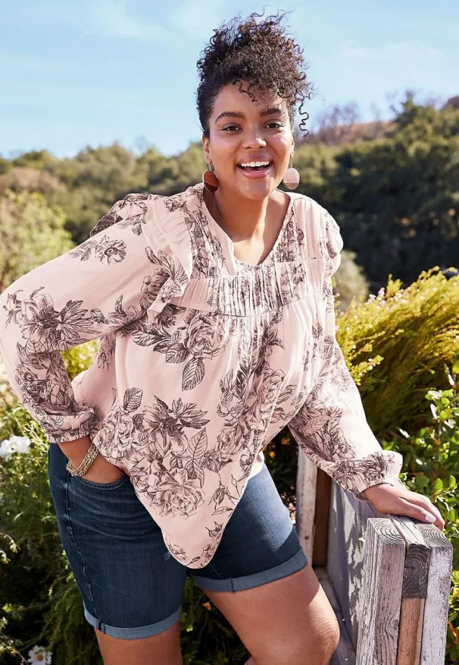 Plus Size Pink Floral Ruffle Long Sleeve Peasant Top Women Maurices Plus Tops