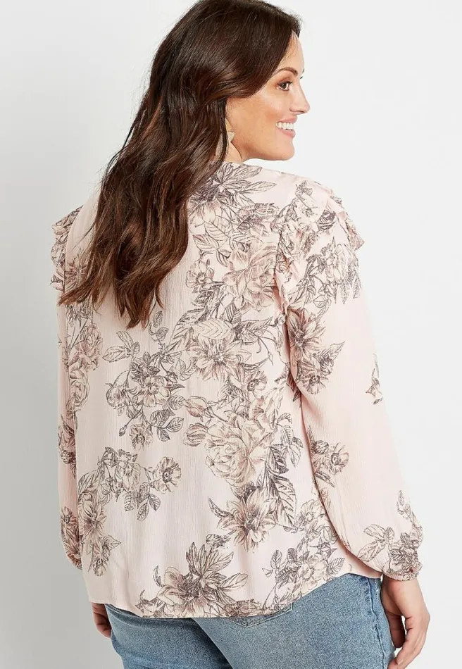 Plus Size Pink Floral Ruffle Long Sleeve Peasant Top Women Maurices Plus Tops