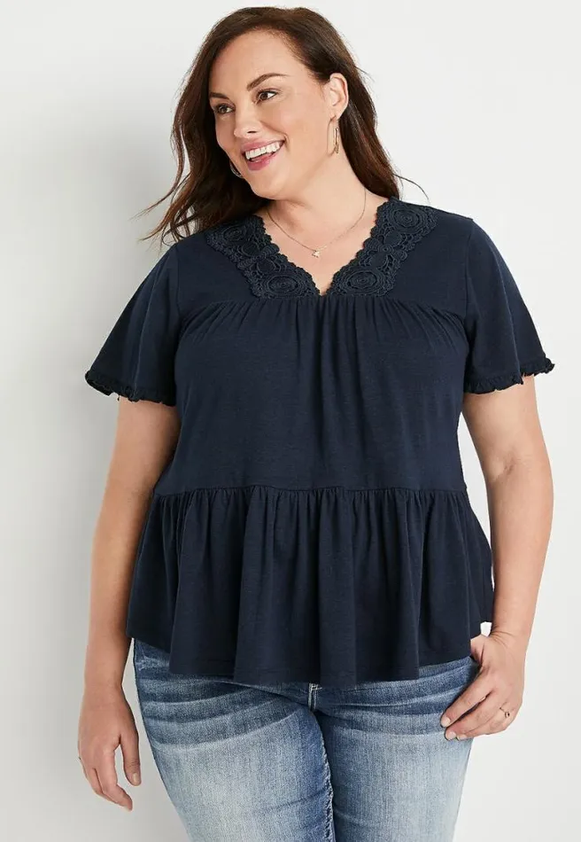 Plus Size Solid Lace Neck Babydoll Top Women Maurices Plus Tops