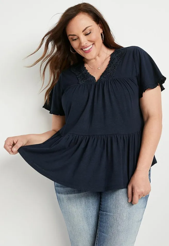 Plus Size Solid Lace Neck Babydoll Top Women Maurices Plus Tops