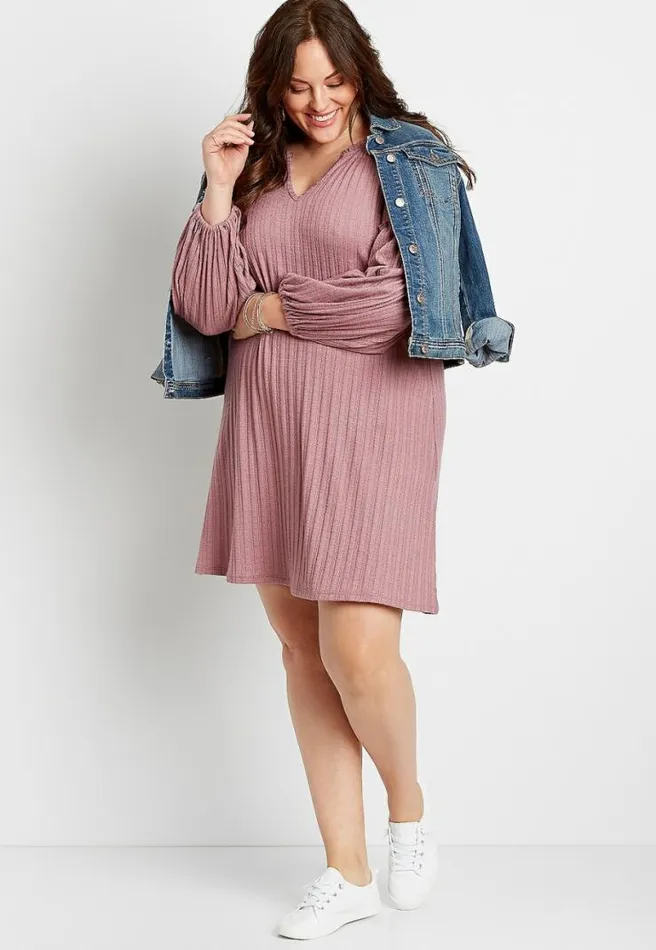 Plus Size Solid Ribbed Blouson Sleeve Shift Dress Women Maurices Plus Dresses and Jumpsuits