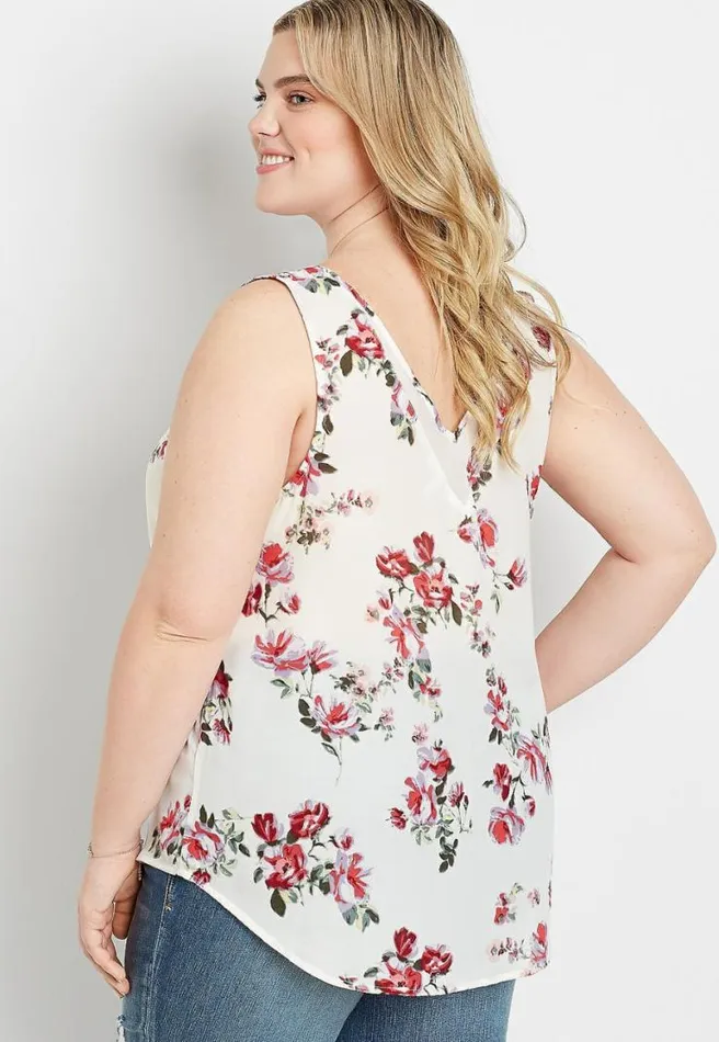 Plus Size White Floral Sheer Inset V Neck Tank Top Women Maurices Plus Tops