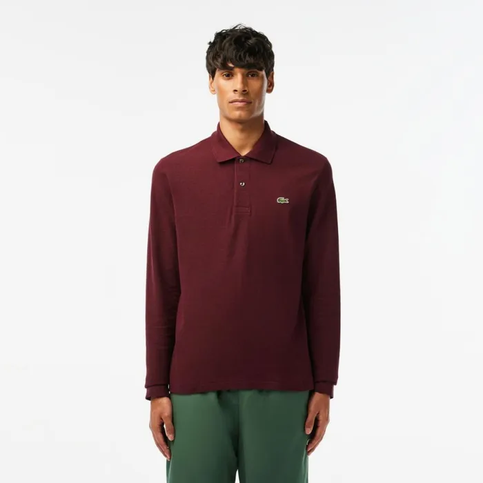 Polos Men Lacoste Men039s Long Sleeve Heathered Cotton Polo Dark Bordeaux Sxl