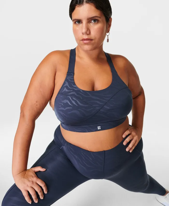 Power Medium Support Sports Bra Blue Tiger Emboss Print Women Underwear Sweaty Betty