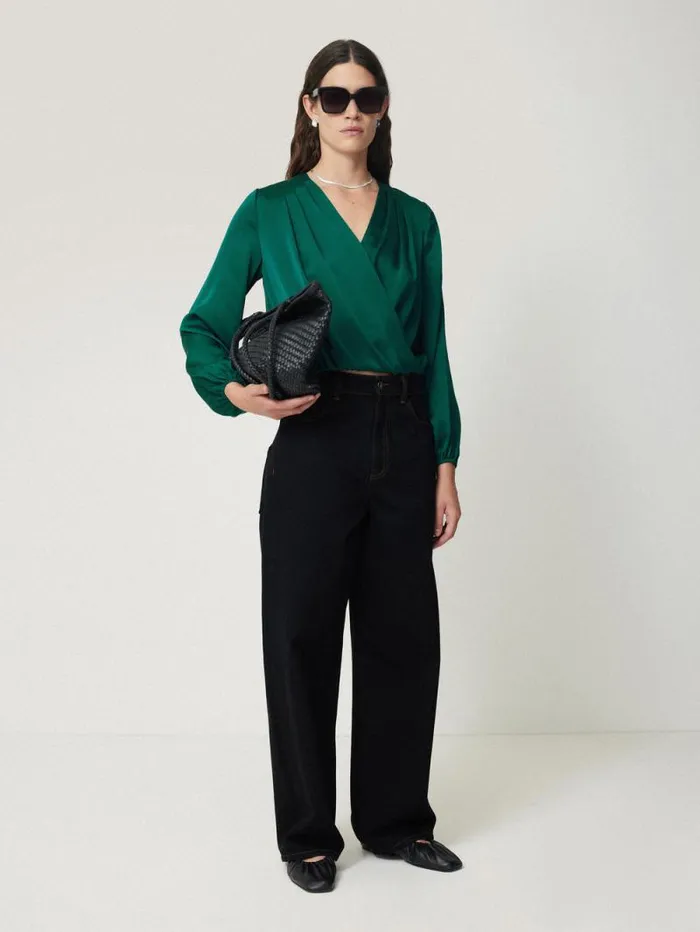 Recycled Satin Drape Wrap Top Green Women Jigsaw Shirts and Tops