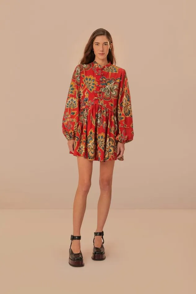 Red Maxi Floral Long Sleeve Mini Dress Women FARM Rio Mini Dresses